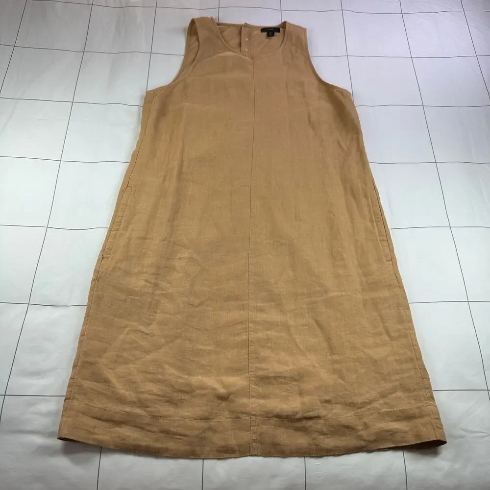 J.Crew Dress Womens Medium Tall Tan Pure Linen Shift Button Back Sleeveless